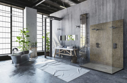 Modern industrial loft conversion into a hipster minimalist bathroom with vintage style metal roll-top bathtub and fresh green potted plants in front of bright windows, 3d render